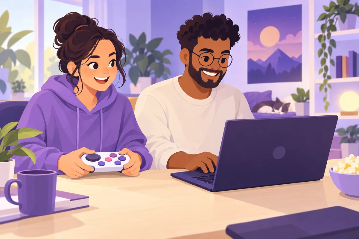 Illustration: Zwei Menschen spielen gemeinsam an einem hellen Schreibtisch: Eine Person bedient einen flachen Controller mit großen runden Tastern, die andere einen Laptop mit gut lesbaren, kontrastreichen Bedienelementen