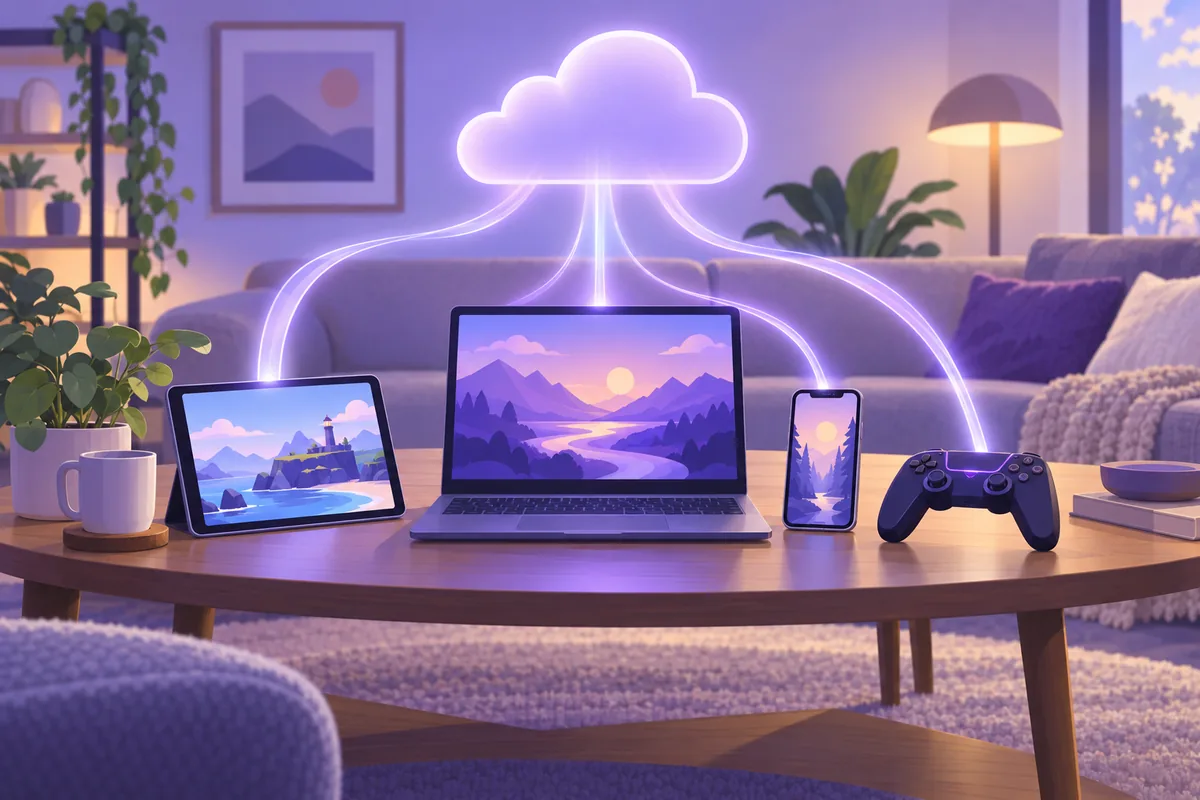Illustration: Ein Wohnzimmertisch mit Laptop, Tablet, Smartphone und Gamepad; über den Geräten schwebt eine stilisierte Wolke, aus der Lichtbänder zu allen Bildschirmen fließen