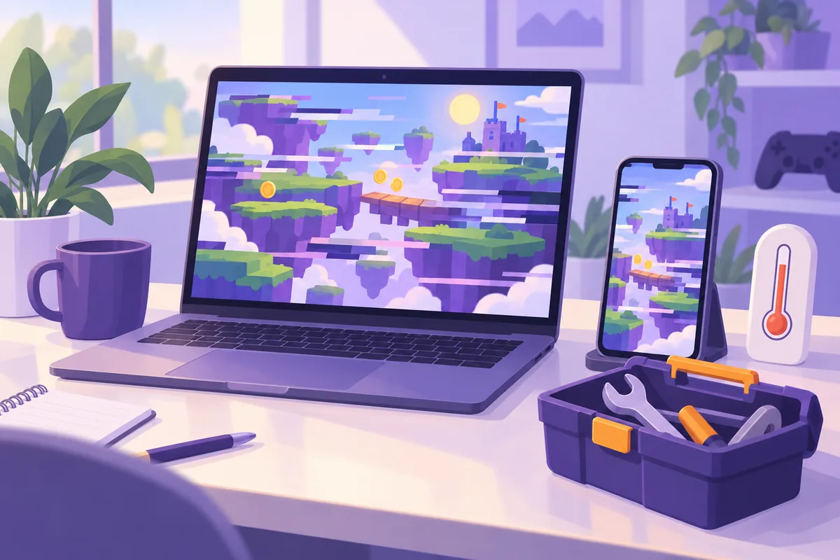 Illustration: Ein Laptop und ein Smartphone auf einem Schreibtisch zeigen ein farbenfrohes, abstraktes Spielfeld, dessen Bild in Streifen zu stocken scheint; daneben liegen ein kleiner Werkzeugkasten und ein Thermometer