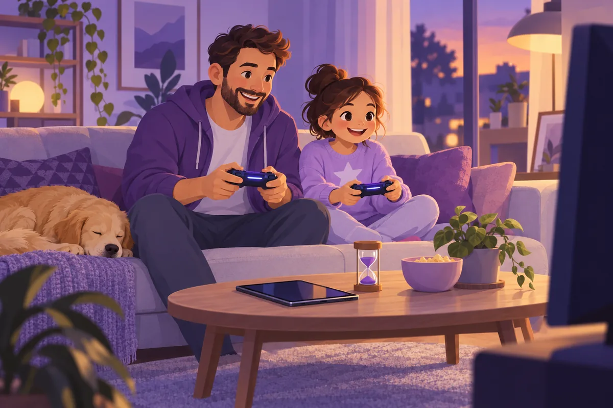 Illustration: Ein Elternteil und ein Kind sitzen nebeneinander auf einem Sofa und spielen gemeinsam mit Controllern; auf dem Couchtisch liegen ein Tablet und eine kleine Sanduhr, warmes Abendlicht fällt ins Wohnzimmer