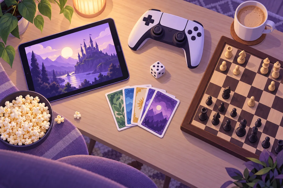 Illustration: Draufsicht auf einen gemütlichen Spieltisch: Ein Tablet, ein Gamepad, ein aufgefächertes Kartenspiel, ein Würfel und ein kleines Schachbrett liegen nebeneinander als Sinnbild für verschiedene Spielarten