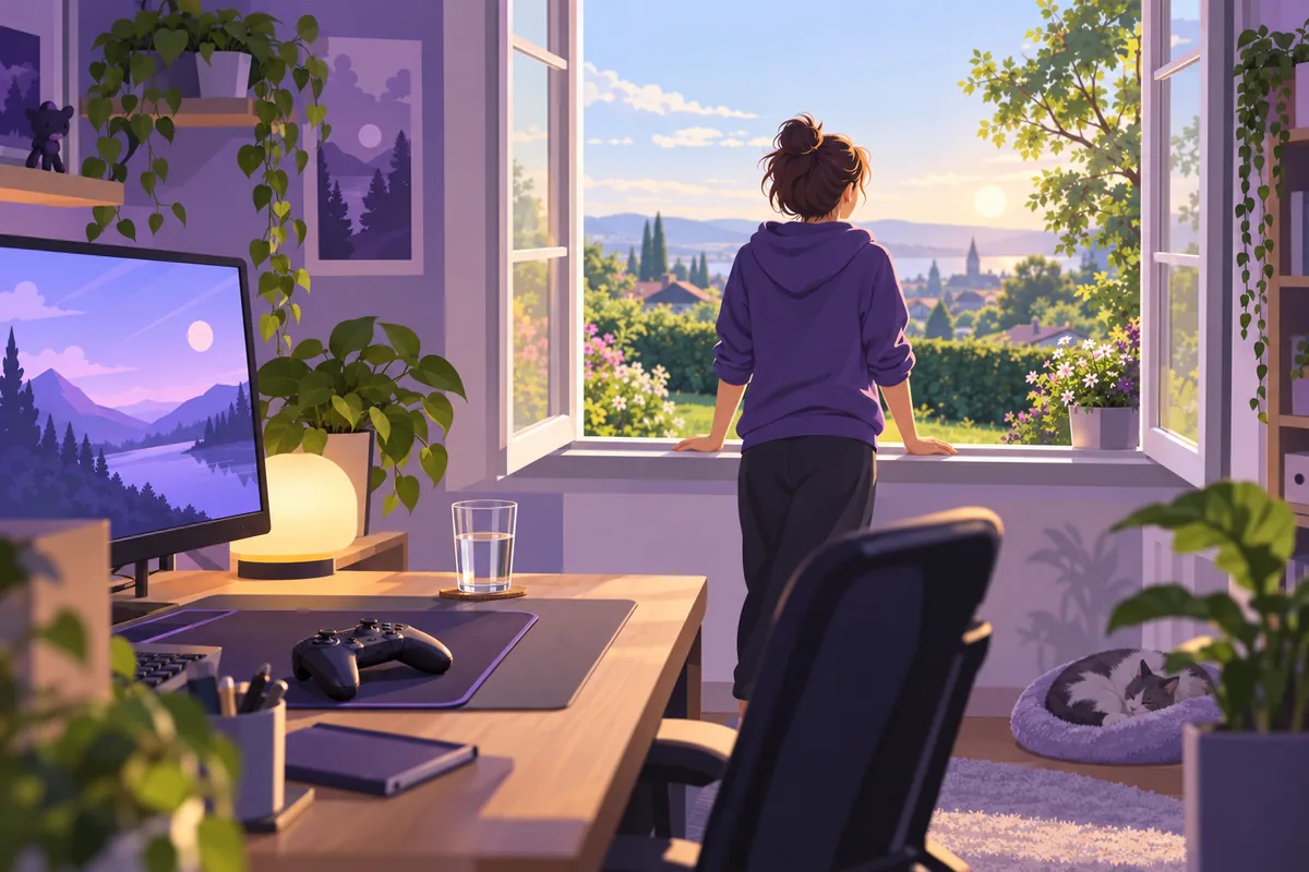 Illustration: Eine junge Person legt während einer Spielpause den Controller beiseite, steht am offenen Fenster und blickt über einen grünen Garten in die Ferne; im Vordergrund ein aufgeräumter Schreibtisch mit Monitor, Wasserglas und warmer Lampe