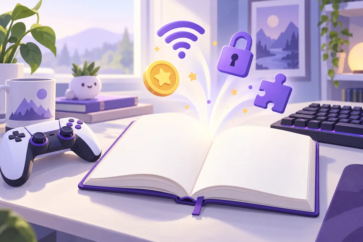 Illustration: Ein aufgeschlagenes Notizbuch mit leeren Seiten liegt neben einem Gamepad und einer Tastatur; aus den Seiten steigen kleine Symbole auf, etwa ein Funkwellen-Bogen, ein Schloss, eine Münze und ein Puzzleteil