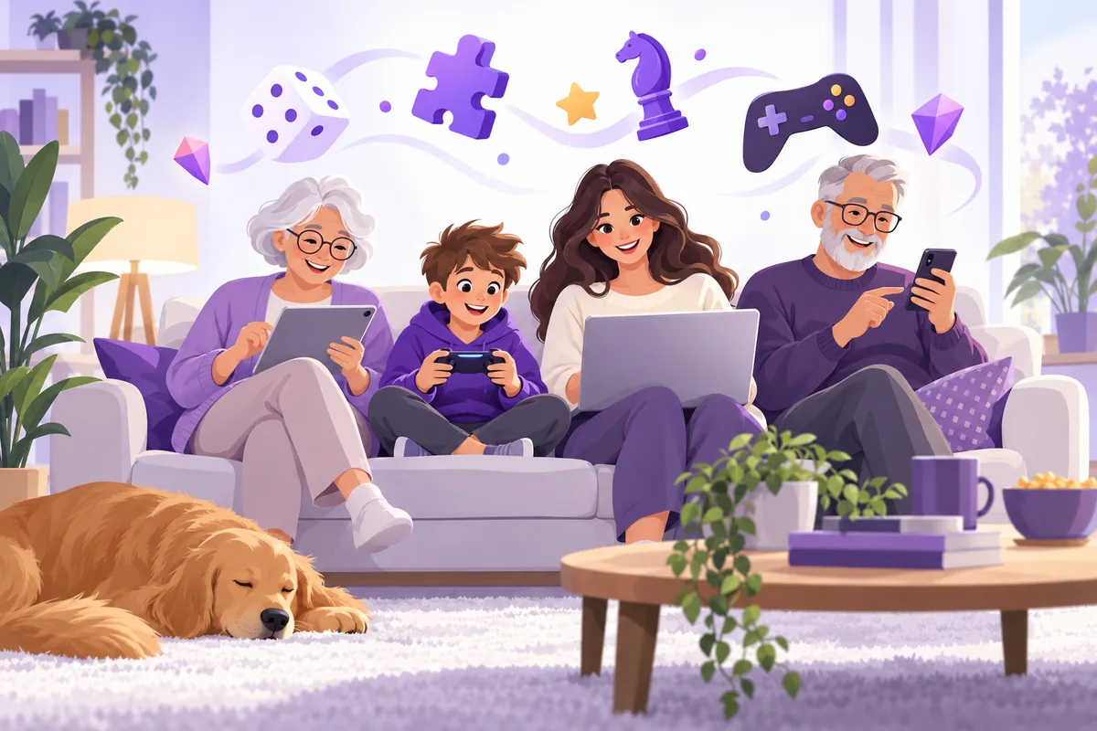 Illustration: Drei Generationen sitzen gemeinsam auf einem hellen Sofa, jede Person mit einem anderen Gerät – Tablet, Laptop, Smartphone und Gamepad; darüber schweben abstrakte Spielsymbole wie Würfel, Puzzleteile und eine Schachfigur