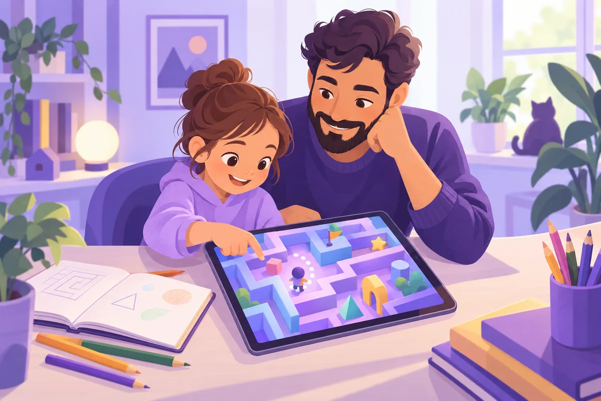 Illustration: Ein Kind und ein Erwachsener sitzen an einem Schreibtisch und lenken auf einem Tablet eine kleine Figur durch ein buntes Labyrinth aus geometrischen Formen; daneben liegen ein aufgeschlagenes Heft und Buntstifte
