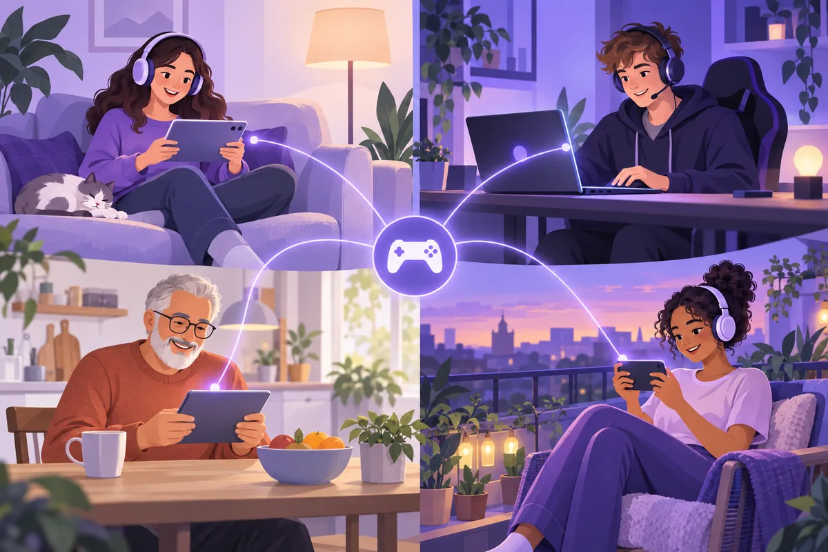 Illustration: Vier Menschen unterschiedlichen Alters sitzen an verschiedenen Orten – auf dem Sofa, am Schreibtisch, am Küchentisch und auf einem Balkon – und spielen gleichzeitig auf Tablet, Laptop und Smartphone