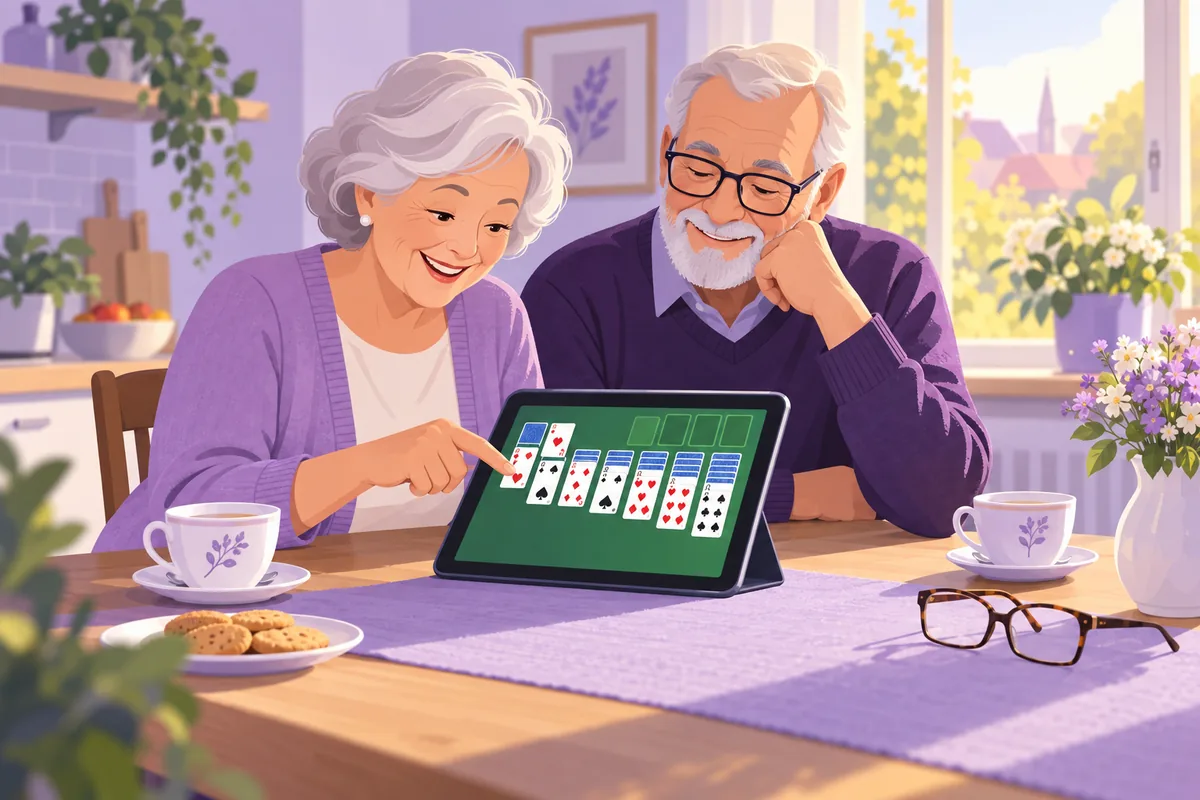 Illustration: Eine ältere Frau und ein älterer Mann sitzen an einem Küchentisch und legen auf einem Tablet gemeinsam eine Patience; daneben stehen eine Teetasse und eine Lesebrille, warmes Nachmittagslicht fällt durchs Fenster