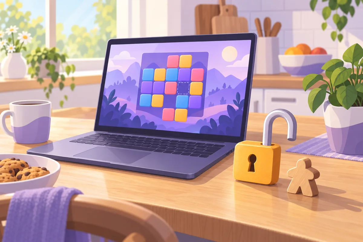 Illustration: Ein aufgeklappter Laptop auf einem Küchentisch zeigt ein buntes, abstraktes Puzzlespiel; daneben liegen ein geöffnetes Vorhängeschloss und eine kleine Spielfigur aus Holz als Sinnbild für Spielen ohne Login