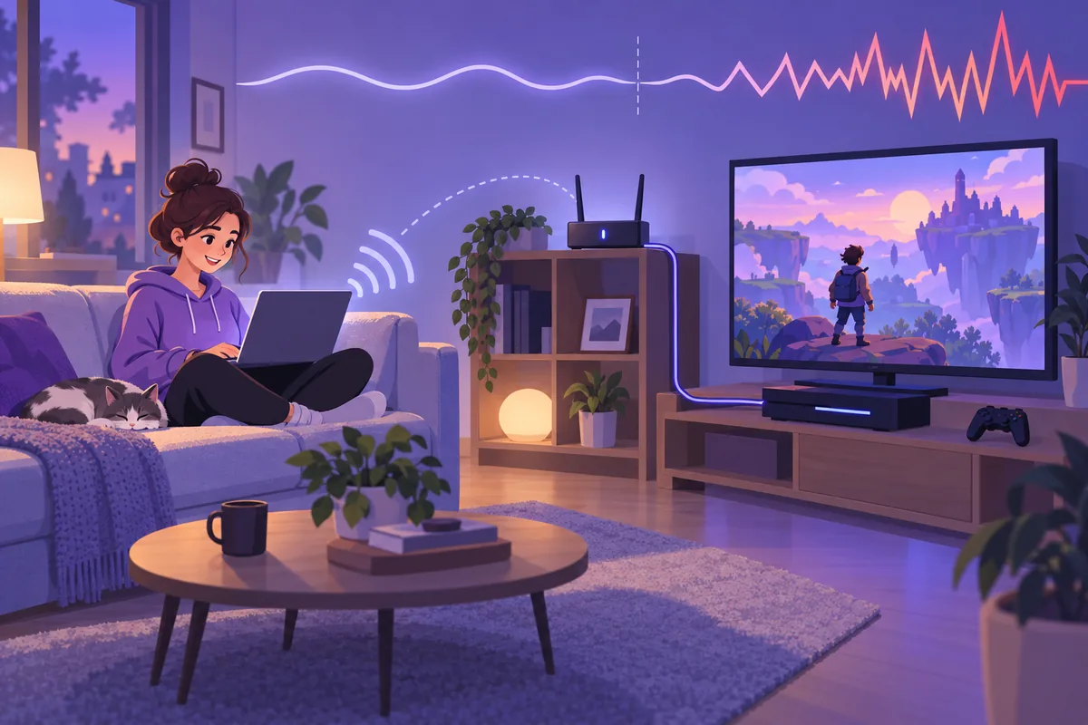 Illustration: Abendliches Wohnzimmer: Ein Router auf einem Regal sendet stilisierte Funkwellen zu einem Laptop auf dem Sofa, während ein Kabel zu einer Spielkonsole unter dem Fernseher führt