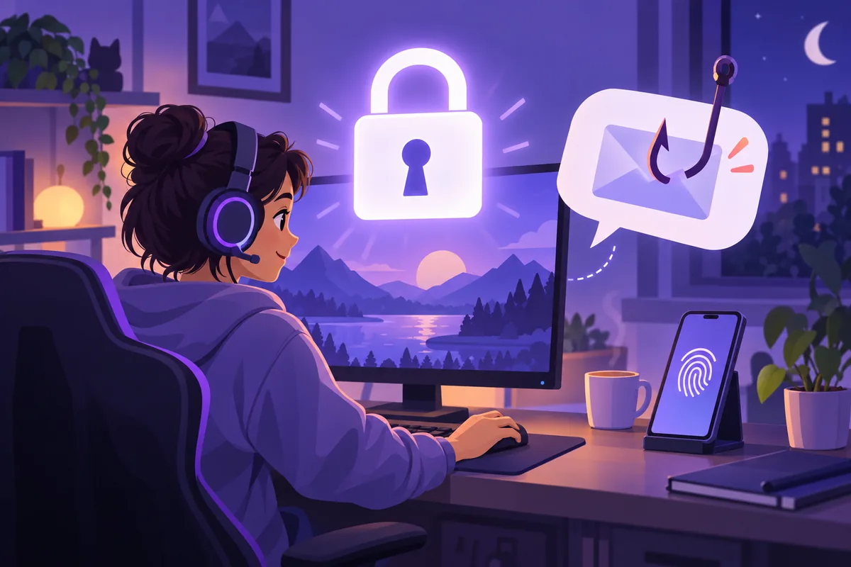 Illustration: Eine Person mit Headset sitzt abends am Schreibtisch vor einem Bildschirm, über dem ein großes, leuchtendes Vorhängeschloss schwebt; aus einer Sprechblase ragt ein Angelhaken als Sinnbild für Phishing, daneben liegt ein Smartphone mit einem Fingerabdruck-Symbol