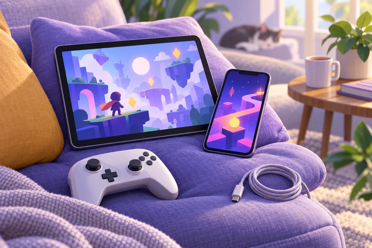 Illustration: Ein Tablet und ein Smartphone liegen auf einem Sofakissen, auf den Bildschirmen leuchten abstrakte bunte Spielformen, daneben ein kabelloser Controller und ein Ladekabel