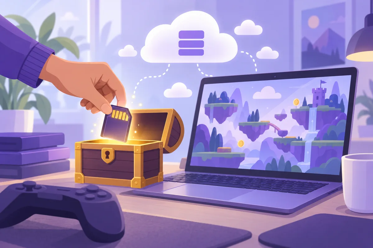 Illustration: Eine Hand legt eine leuchtende Speicherkarte in eine kleine Schatztruhe neben einem Laptop, auf dessen Bildschirm ein abstraktes Spielfeld zu sehen ist; darüber schweben weiche Wolkenformen als Sinnbild für den Cloud-Speicher