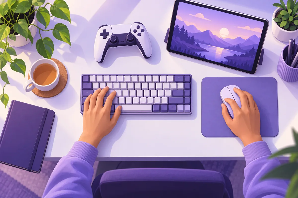 Illustration: Ein aufgeräumter Schreibtisch von oben: eine kompakte Tastatur ohne Ziffernblock, daneben eine Maus auf einer Unterlage, ein kabelloser Controller und ein Tablet; zwei Hände greifen entspannt zu