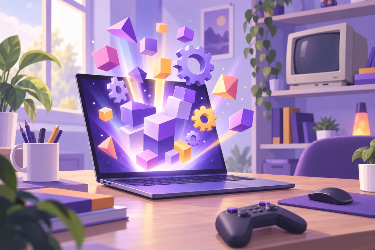 Illustration: Ein aufgeklappter Laptop auf einem Schreibtisch, aus dessen Bildschirm geometrische Bausteine, Zahnräder und farbige Lichtstrahlen wie aus einem Baukasten aufsteigen; im Regal dahinter steht ein alter Röhrenmonitor